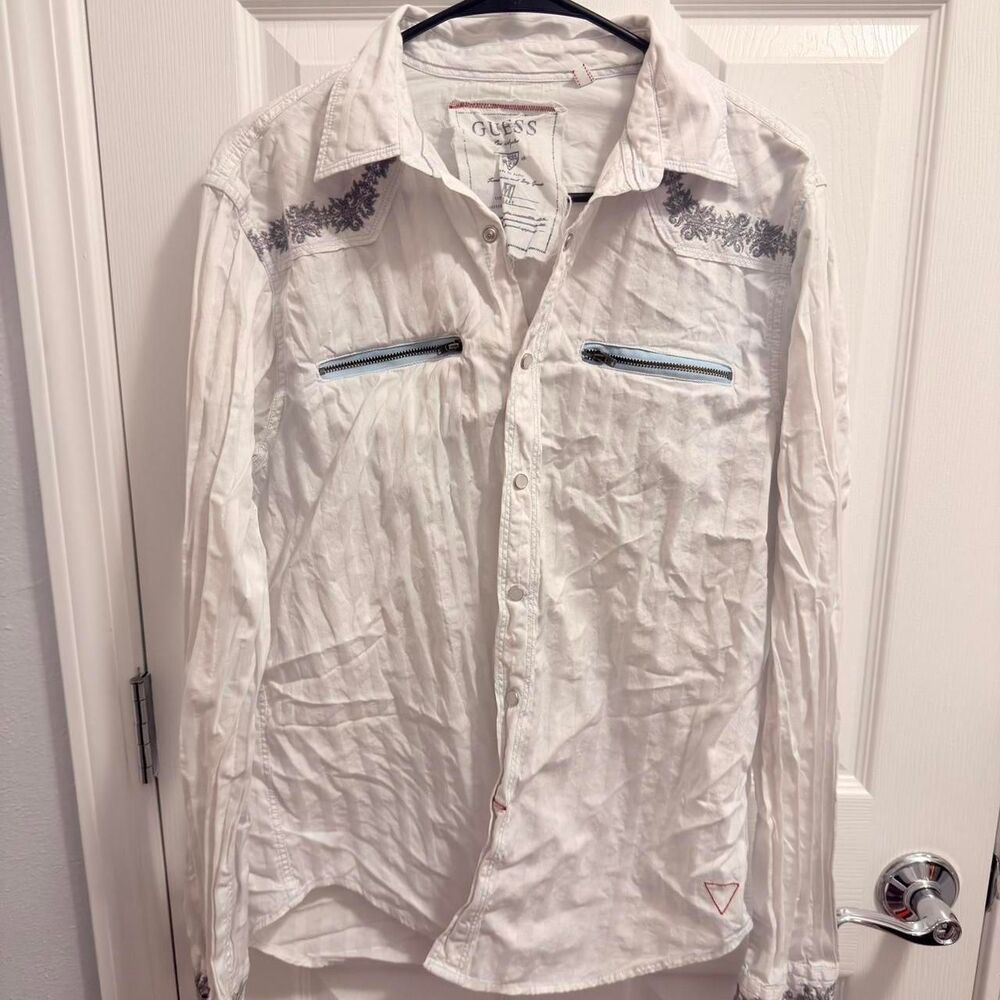 (2010-2013) GUESS Embroidered Western Snap Shirt - White - M